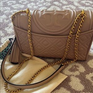 Tory Burch small Fleming leather convertible bag in blush nude.